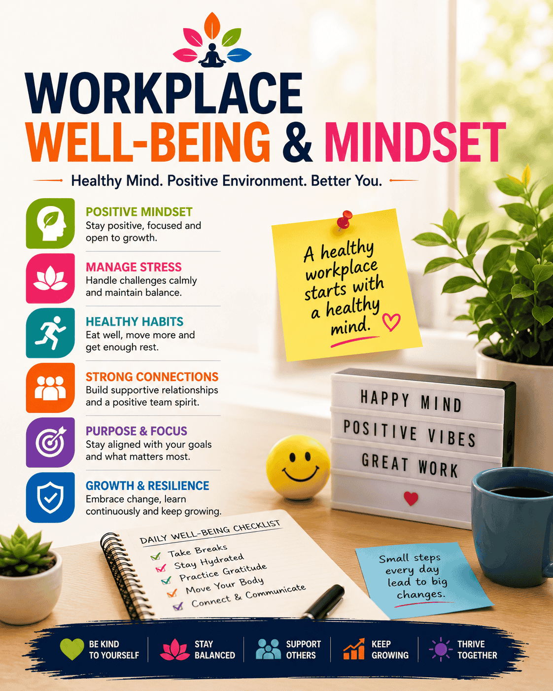 Infographic illustrating workplace well-being and mindset through positive habits and stress management